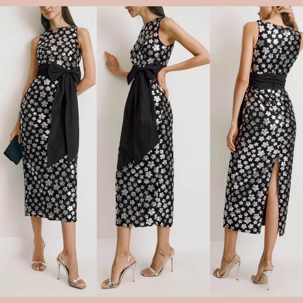 NWT IEENA Mac Duggal [ 6 ] 50048 Velvet Sequin Column Ankle Dress With Bow J2404